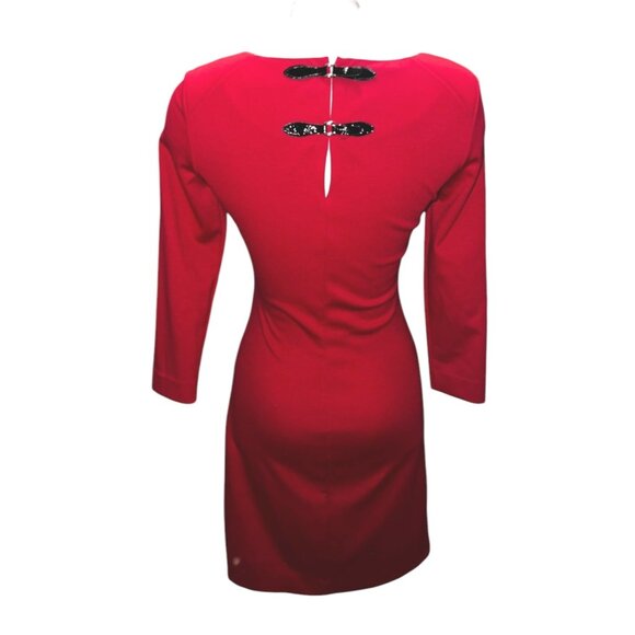 MNG By Mango Red Long Sleeve Ruched Dress Sz Medium Womens Buckle Back - Picture 1 of 16